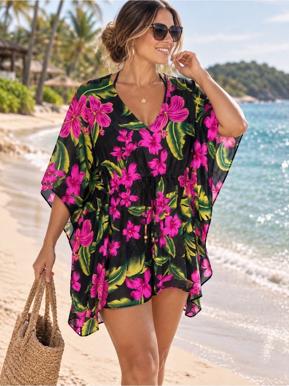 MPL Hawaii Caftan Dress 1SZ Black Pink Floral Rayon Tropical Beach Resort